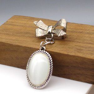 Vintage Bow Brooch with Dangling White TIgers Eye Oval, Graceful Lapel Pin